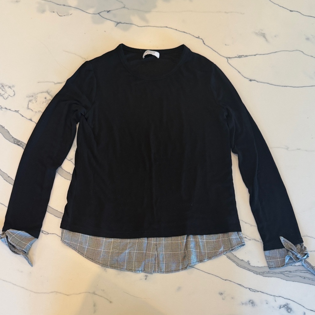 Bailey 44 Black Long Sleeve Top With Plaid. Tie Plaid Cuffs.